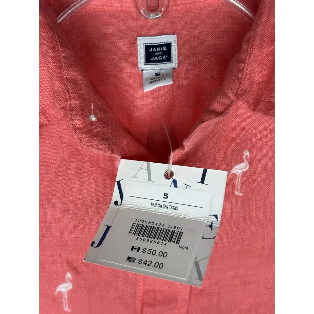 NWT Janie and Jack Boy’s Game Set Linen Button Up Flamingo Shirt Coral Sz 5